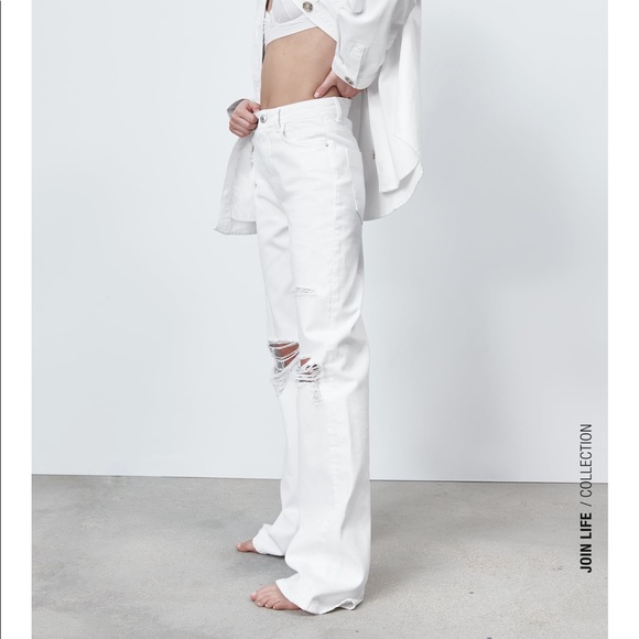ZARA | (NWT) WHITE DISTRESSED WIDE LEG Z1975 FULL LENGTH RIPPED JEANS STRAIGHT - Picture 6 of 16